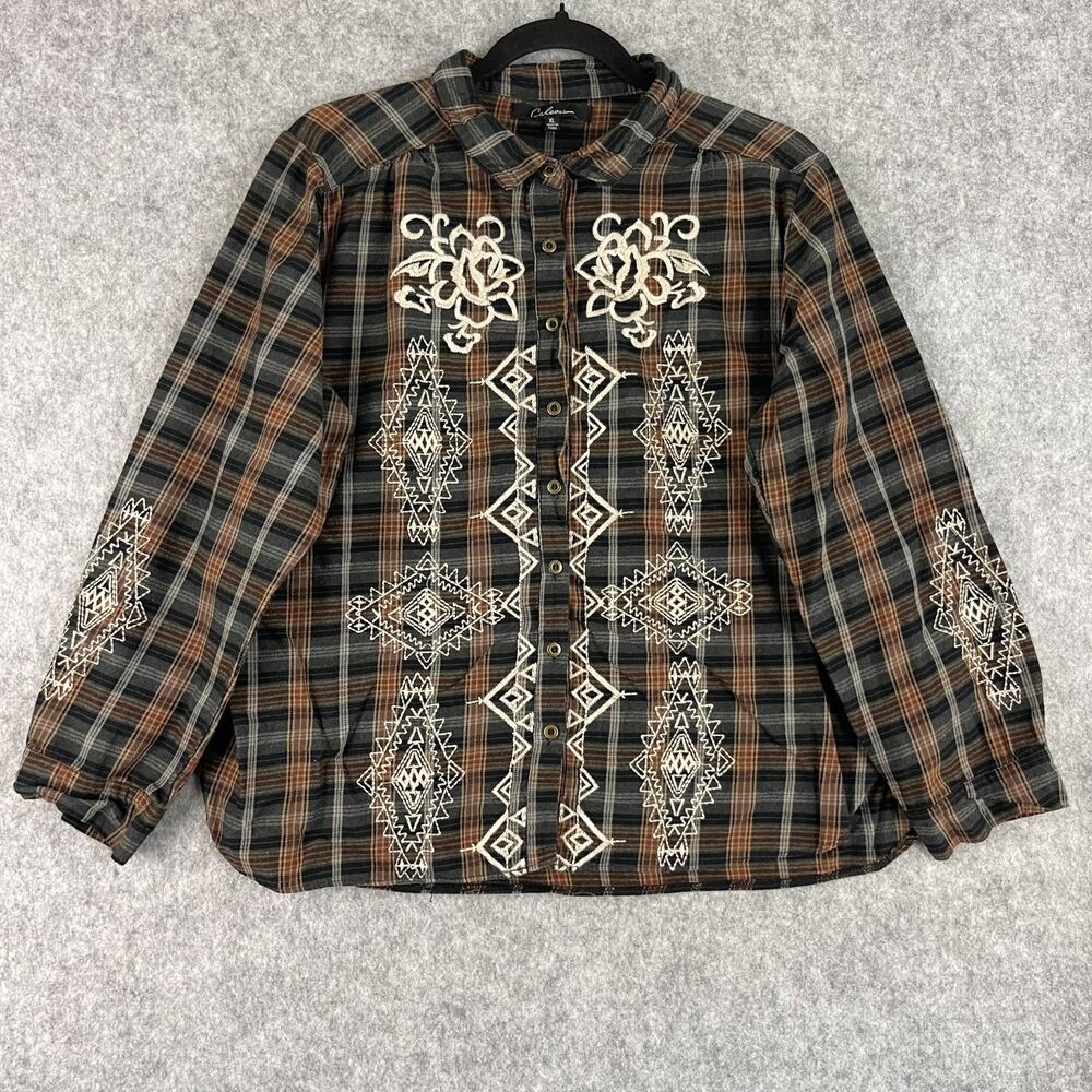 Calessa Top Womens‎ XL Brown Plaid Flannel Embroidery Button Up Boho Artsy